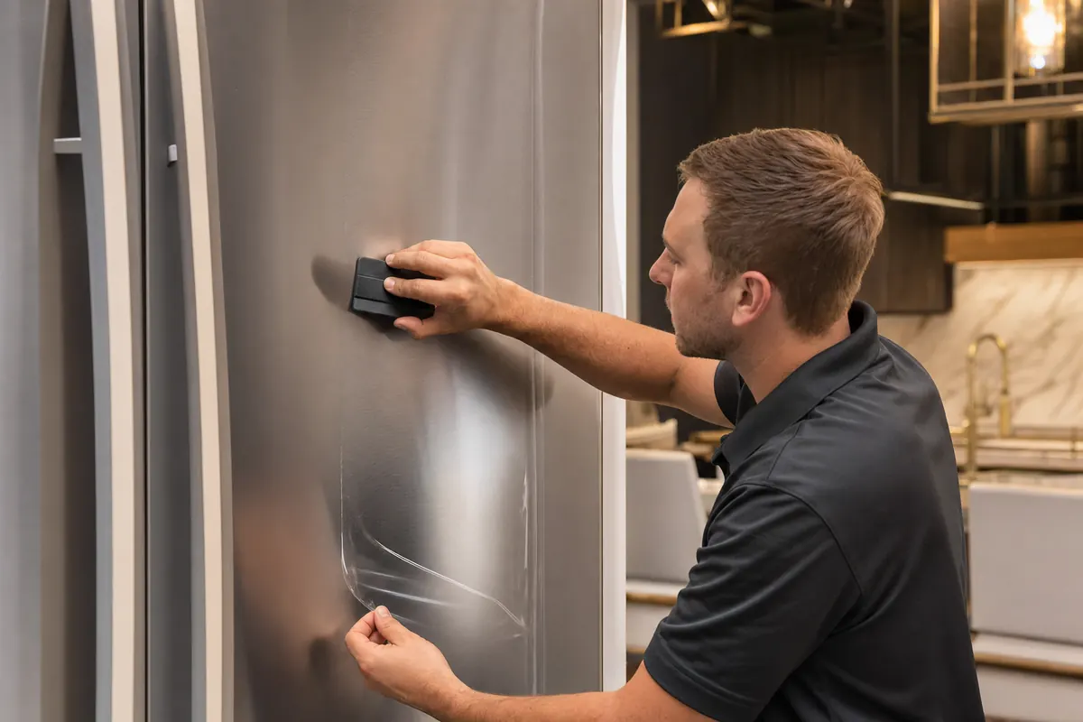 Technician applying protective film to a stainless steel refrigerator door