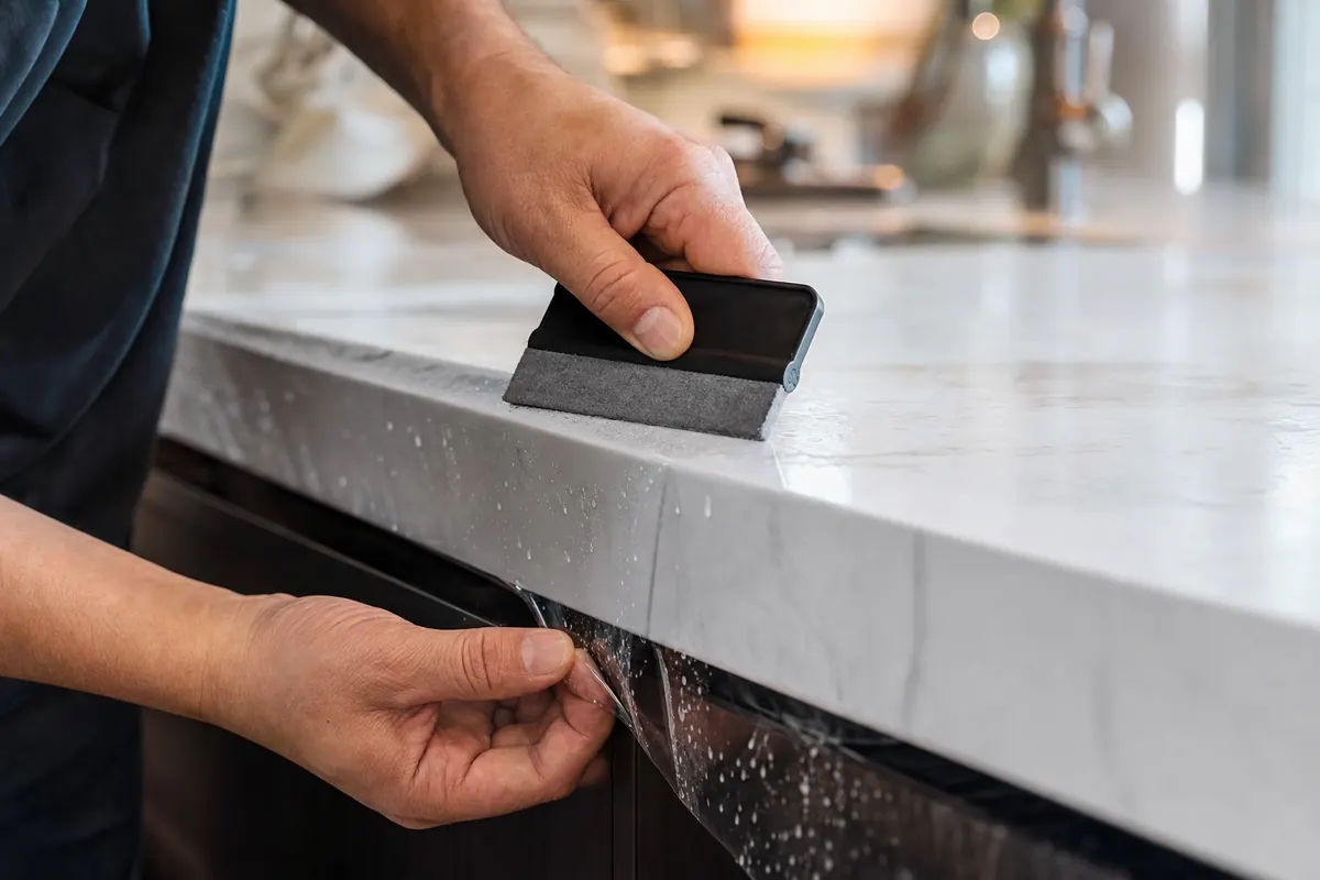 Technician smoothing clear protective film onto a quartz countertop edge